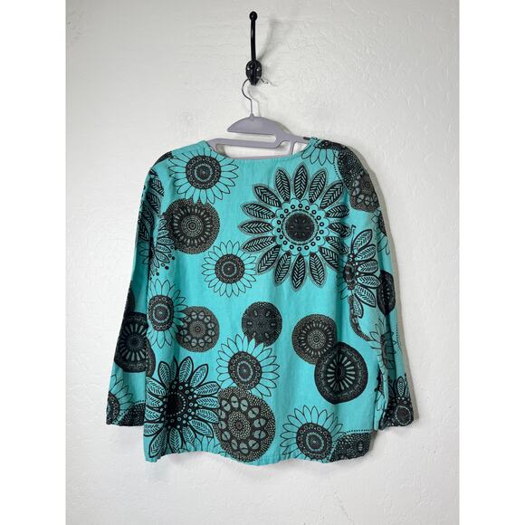 Hot Cotton Teal Flower Print Linen 3/4 Sleeve Pullover Tunic Size Large - Picture 2 of 4